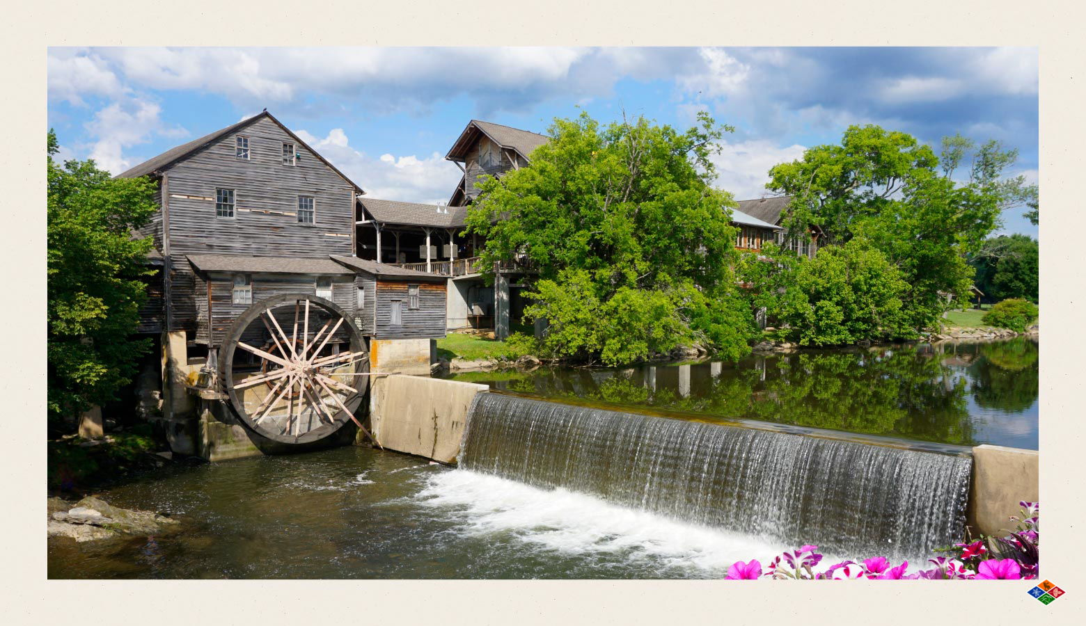 Photograph of a mill on a river at the Island at Pigeon Forge