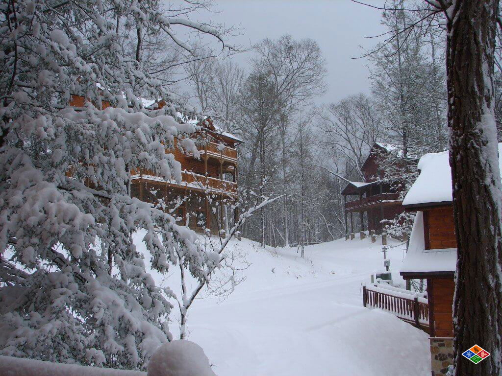 Cabins in the winter covered in snow