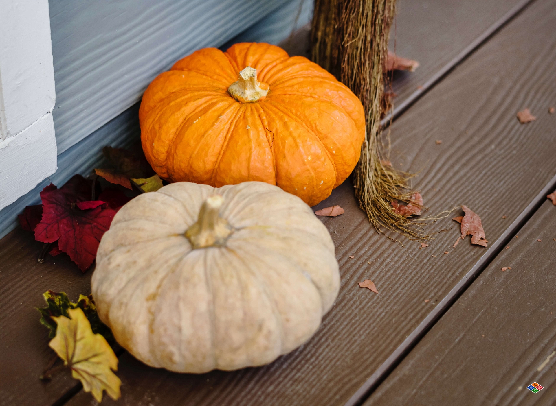 fall pumpkins on cabin deck