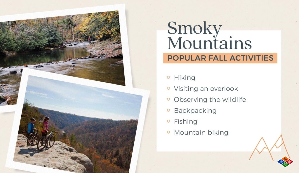 A list of the most popular Fall activities in the Smoky Mountains including hiking, visiting overlooks, observing wildlife, backpacking, fishing, and mountain biking. 