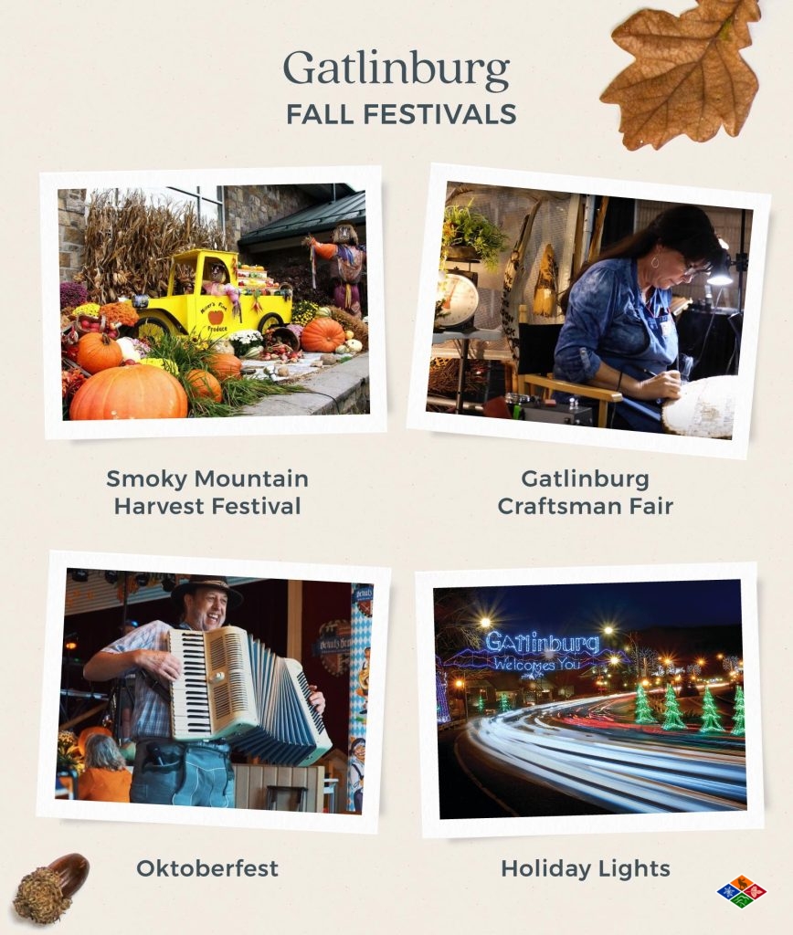 A list of popular Fall activities in Gatlinburg including the Smoky Mountain Harvest Festival, the Gatlinburg Craftsman Fair, Oktoberfest, and holiday lights. 