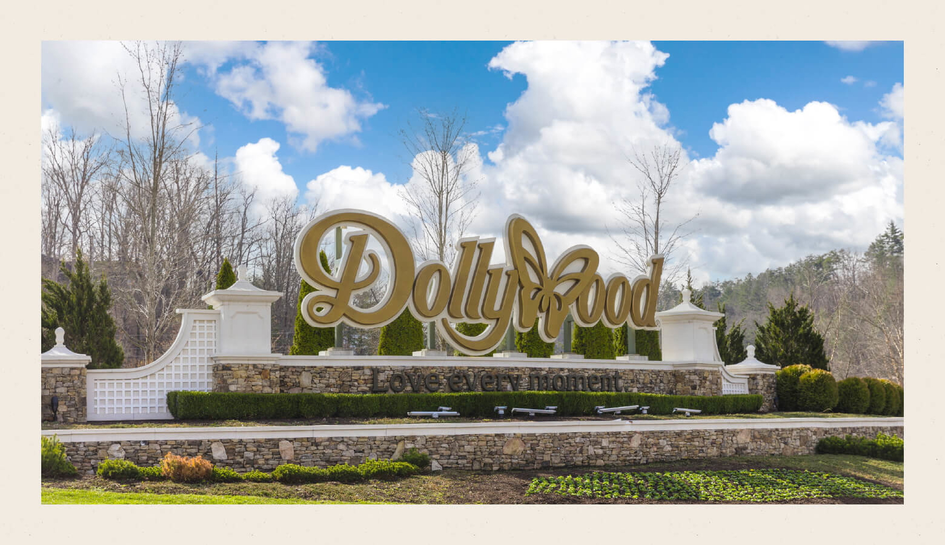 The Dollywood signs stands outside of the amusement park in the Smokies. 