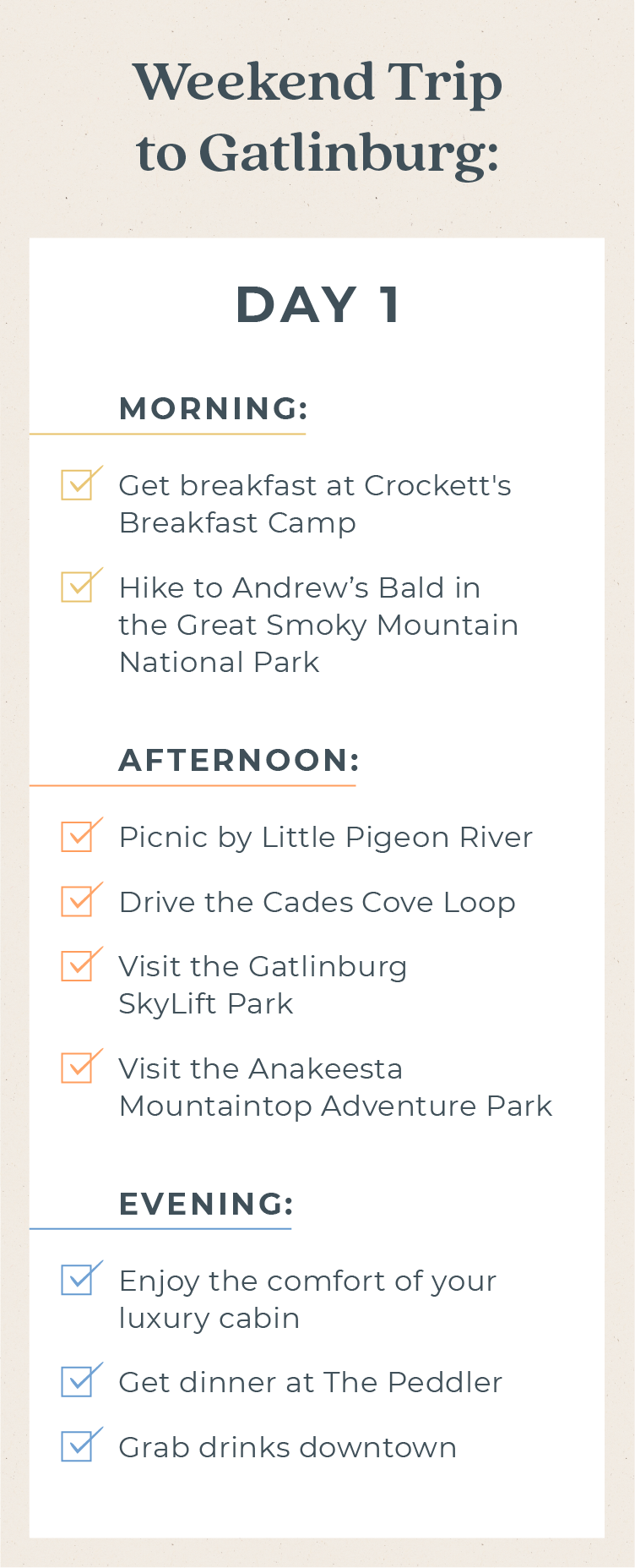A graphic shares the day one itinerary for a weekend trip to Gatlinburg.