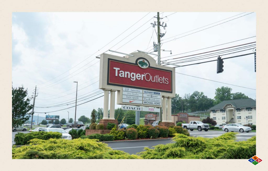 Tanger Factory Outlet Mall entrance sign in Gatlinburg, TN.