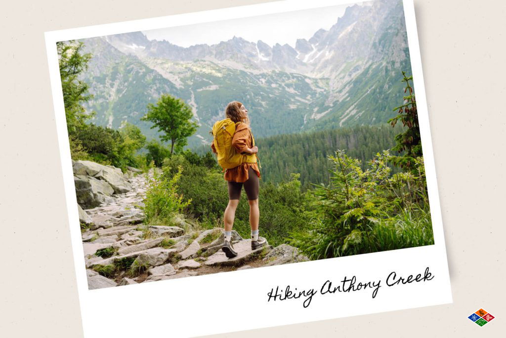 A woman with yellow-orange backpacking gear hiking in the forest