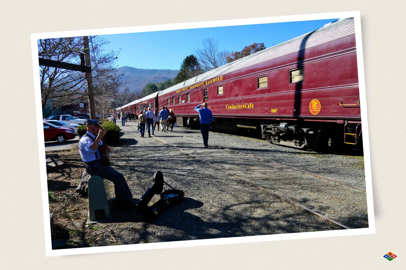 A scenic view of the Great Smoky Mountains Railroad passing through Bryson City