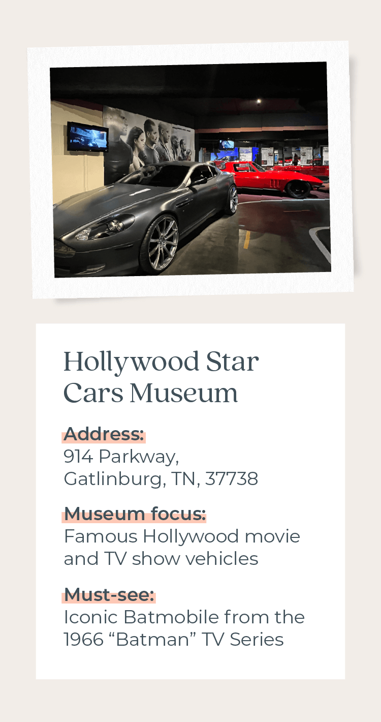 Hollywood Star Cars Museum with information on its address, museum focus, and must-see attraction.