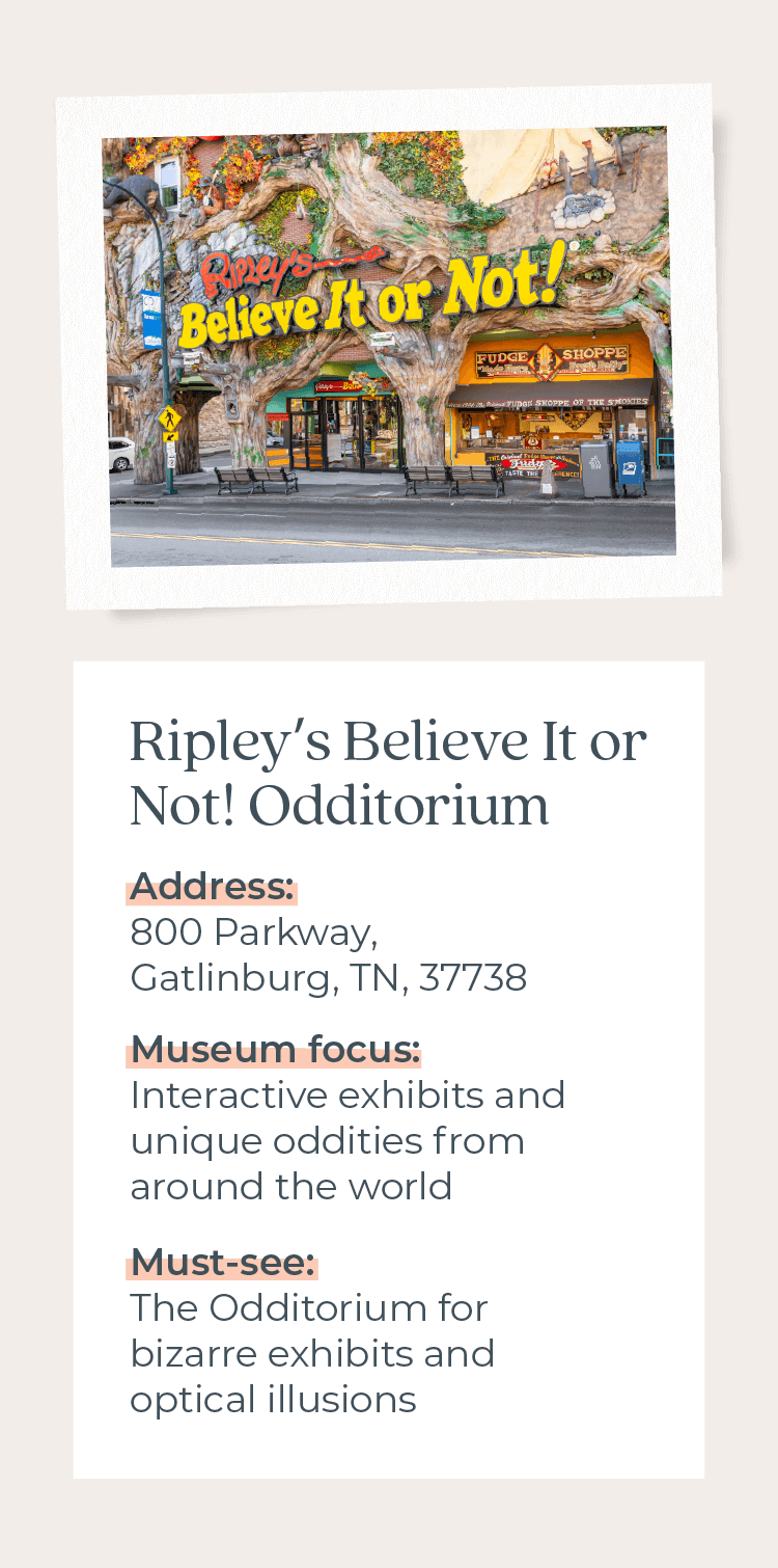 Ripley’s Believe It or Not! Odditorium with information on its address, museum focus, and must-see attraction.