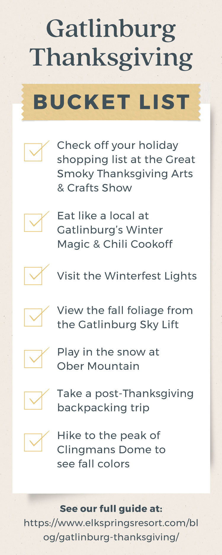 list of activities to do in Gatlinburg during Thanksgiving with corresponding icons for each activity