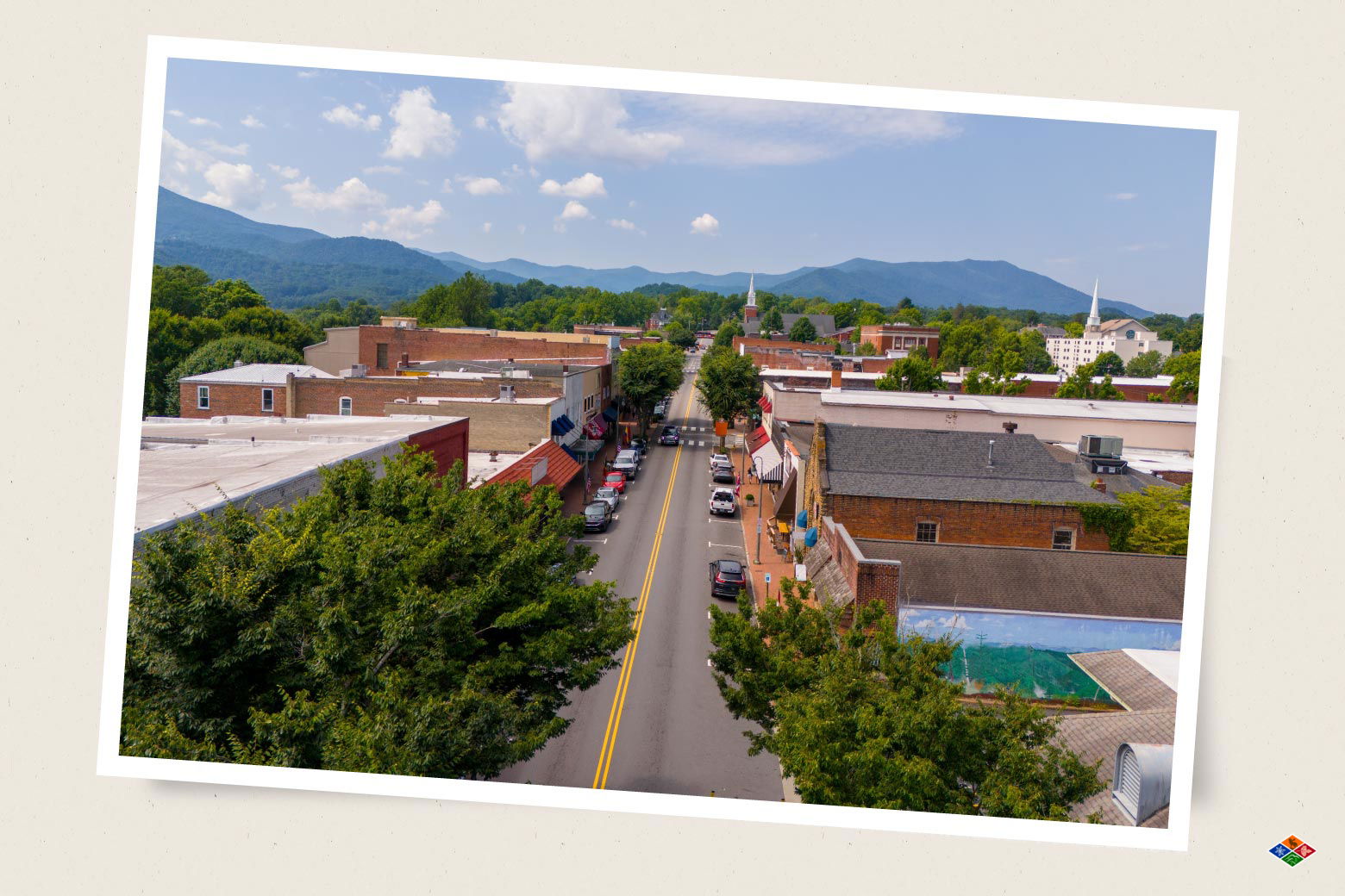 Downtown Waynesville art galleries and shops with mountain views