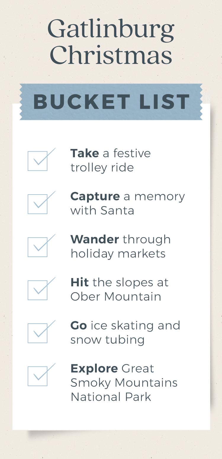 Graphic showing different activities to do in Gatlinburg during Christmas time
