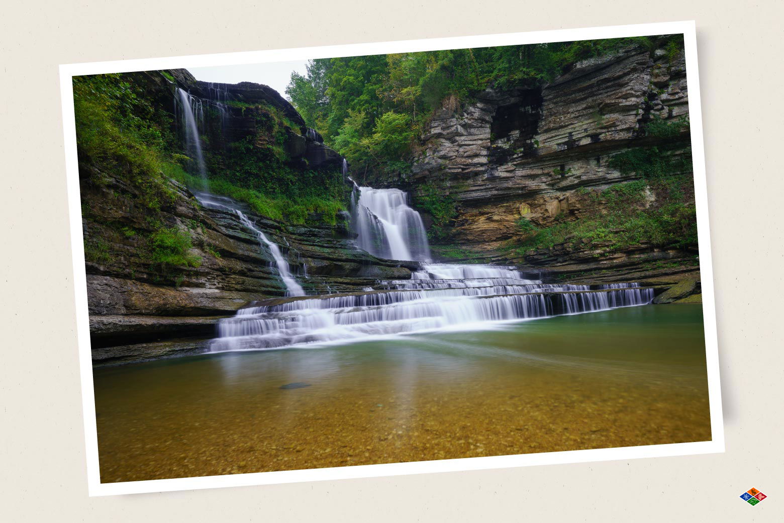 Waterfall in Sparta, Tennessee with kayaker gazing at the view