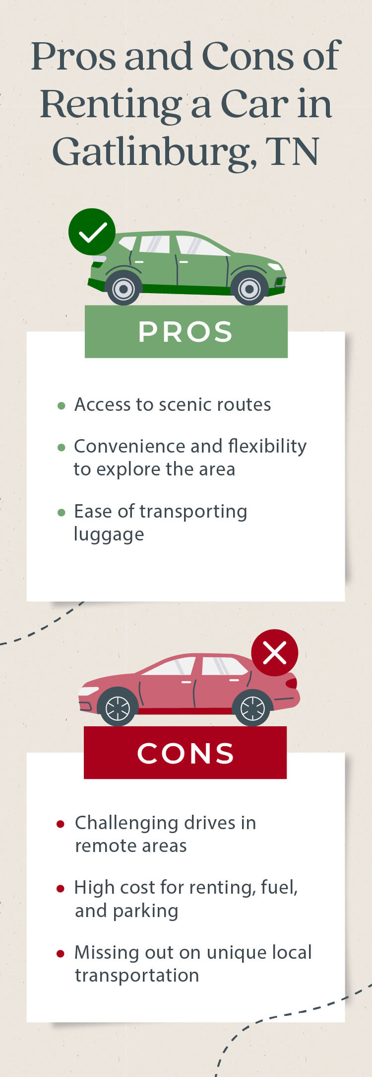 Pros and cons of renting a car when visiting Gatlinburg.