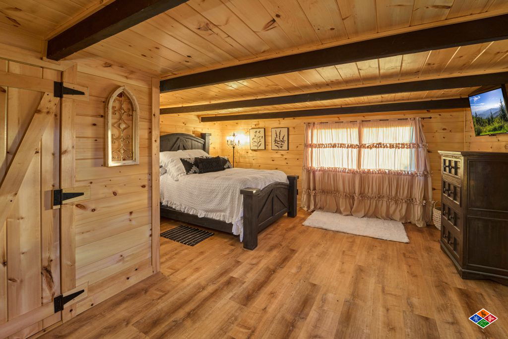 bedroom in rustic cabin