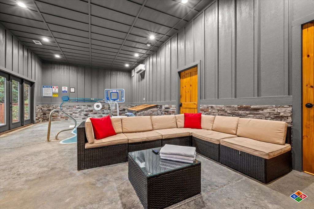 lounge are in private pool room at cabin