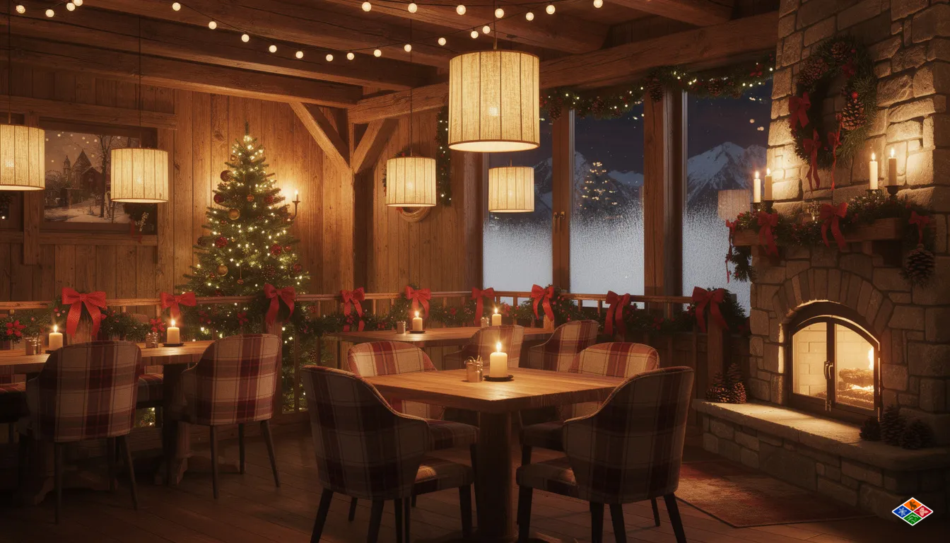 The image depicts a cozy restaurant interior adorned with festive holiday decorations and bathed in warm lighting, creating a mountain lodge atmosphere perfect for enjoying a meal during the holidays. This inviting space is ideal for families and visitors looking to dine out on Christmas Eve or Christmas Day in Gatlinburg, offering a welcoming ambiance amidst the beautiful Smoky Mountains.