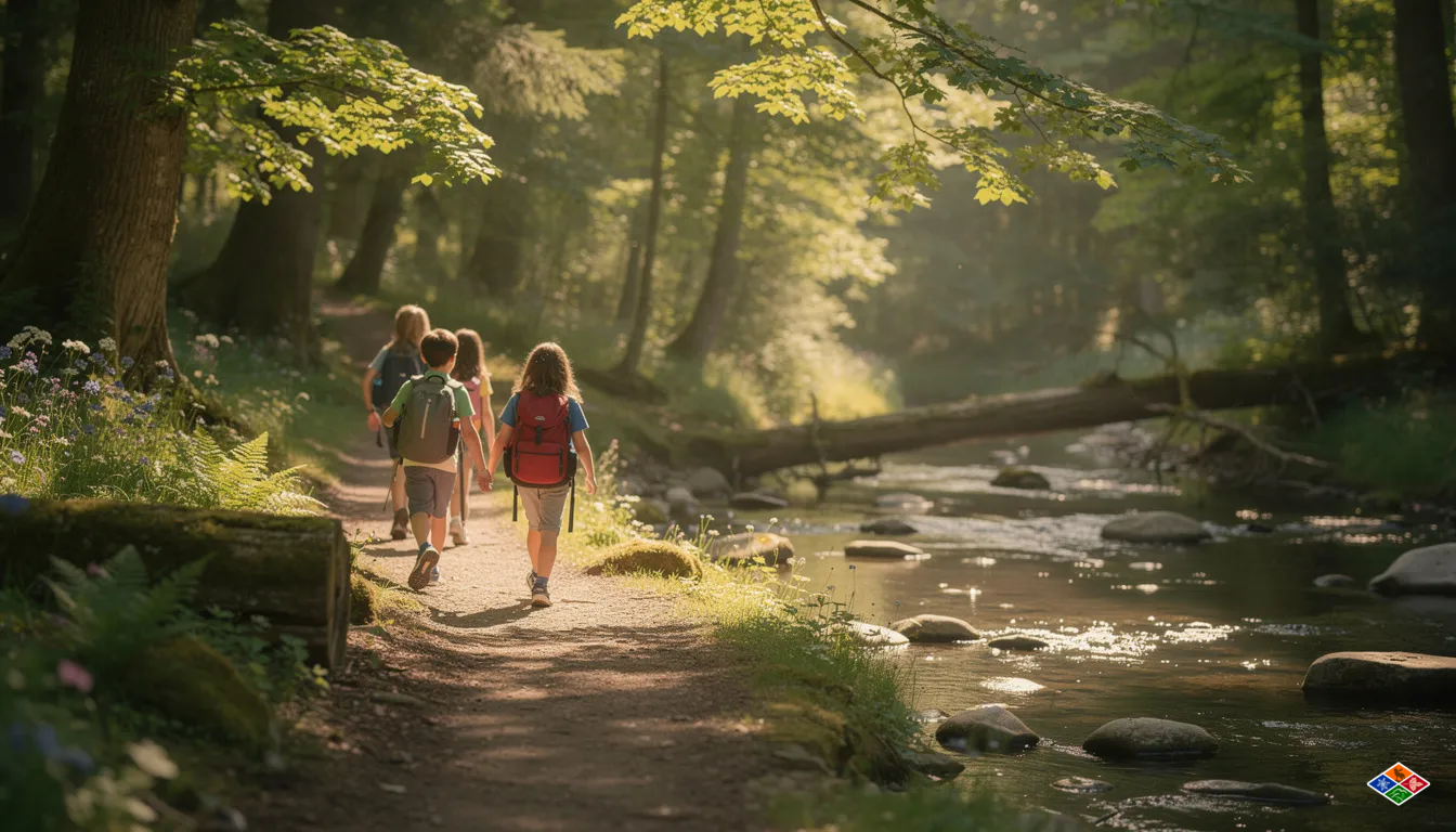 A group of children walks along a shaded forest path next to a small creek, with sunlight filtering through the trees, creating a serene atmosphere typical of the best hiking trails in Gatlinburg. This easy trail offers a perfect opportunity for families to explore the beautiful nature of the Smoky Mountains National Park.