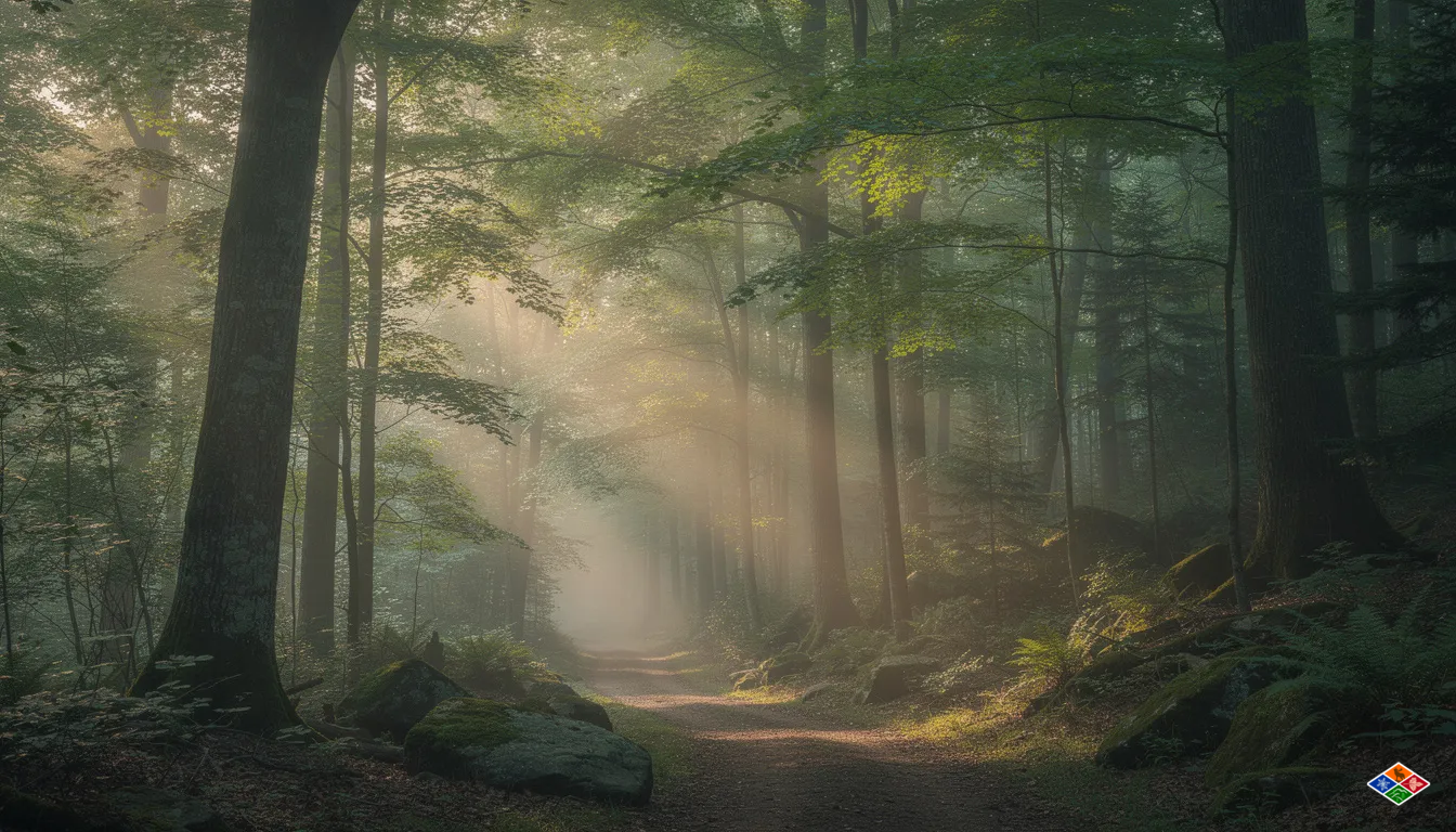 A serene forest trail winds through lush green trees in the Smoky Mountains, with morning mist rising gently from the ground, creating a tranquil atmosphere perfect for hikers seeking adventure. This picturesque scene captures the essence of the best hiking trails in Gatlinburg, inviting visitors to explore the natural beauty of the national park.