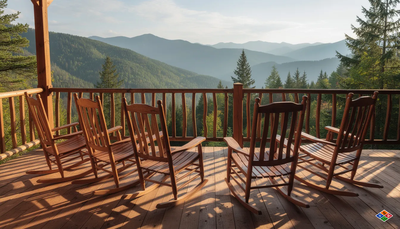 The image features a cozy cabin deck adorned with wooden rocking chairs, offering a breathtaking view of a lush, forested mountain landscape. This serene setting is perfect for guests looking to enjoy a comfortable stay near Rocky Top Sports World, making it an ideal destination for families and sports teams attending events in the Smoky Mountain region.
