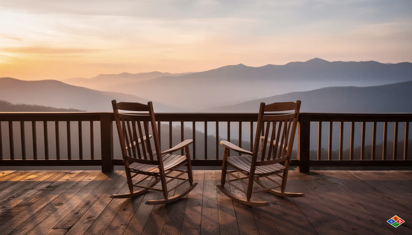 A panoramic view of the layered Smoky Mountain ridges at sunset is seen from a cabin deck adorned with rocking chairs, creating a perfect setting for a romantic getaway or family reunion. This serene scene captures the natural beauty of Gatlinburg, TN, inviting guests to relax and enjoy the tranquility of their secluded cabin rental.