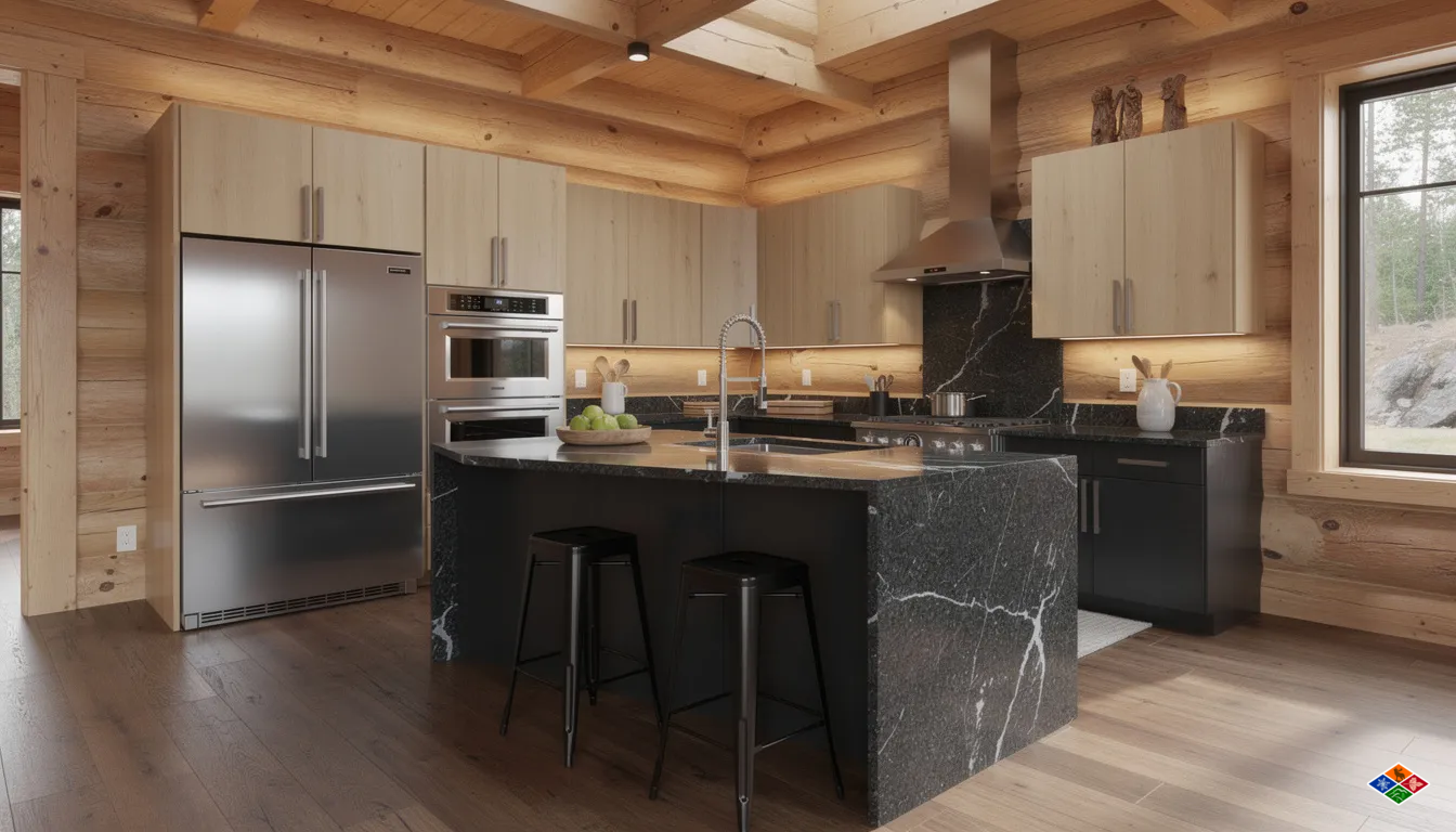 The image depicts a modern cabin kitchen featuring sleek stainless steel appliances and elegant granite countertops, ideal for preparing meals during a comfortable stay. This fully equipped kitchen is perfect for large groups attending events or enjoying downtime in the heart of the Smoky Mountain region, near Rocky Top Sports World.