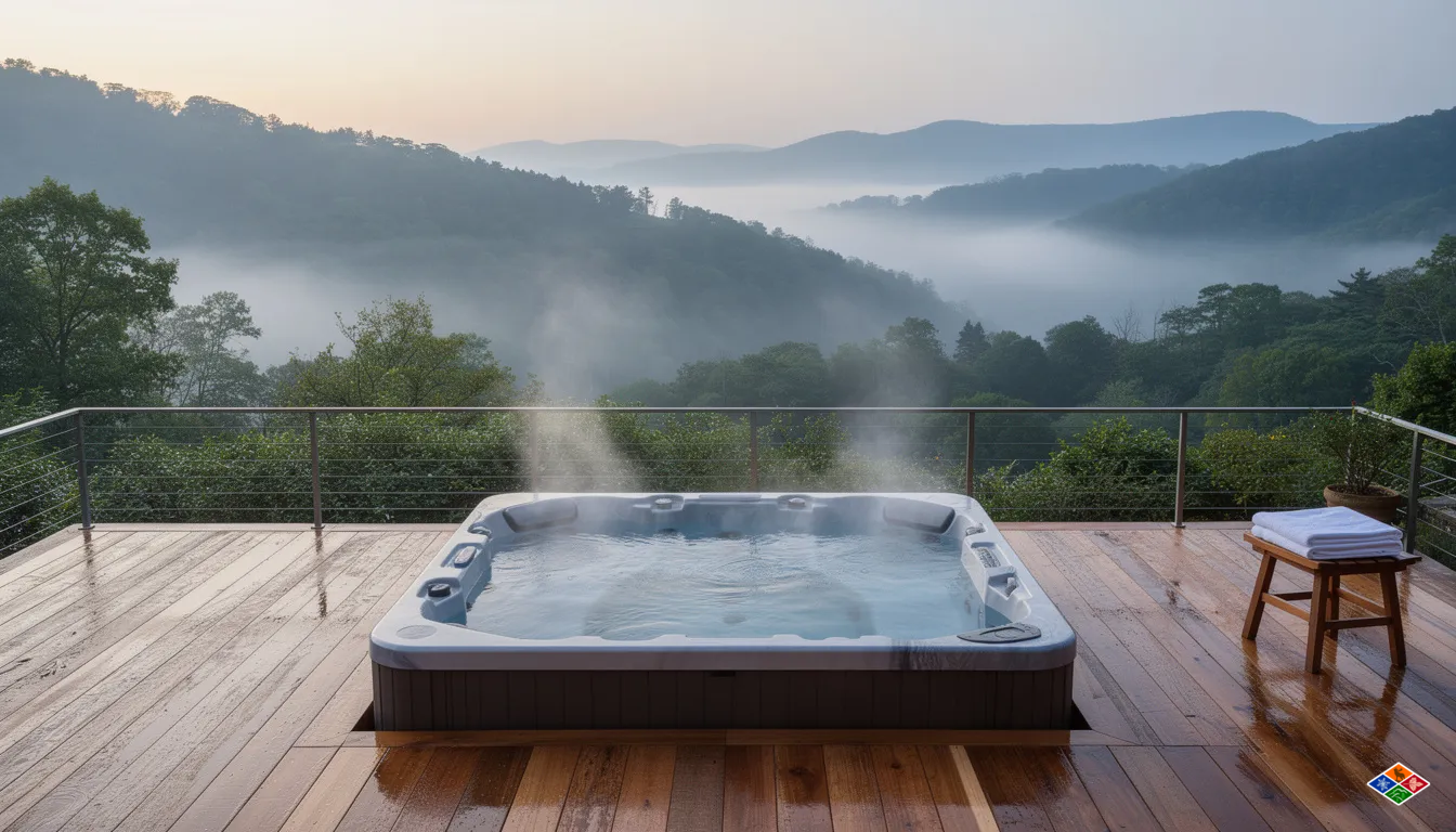 The image depicts an inviting outdoor hot tub situated on a wooden deck, surrounded by the stunning natural beauty of the Smoky Mountain forest, with gentle morning mist rising in the background. This serene setting is perfect for guests staying in a Gatlinburg cabin rental, offering a relaxing escape in the heart of the Smokies.