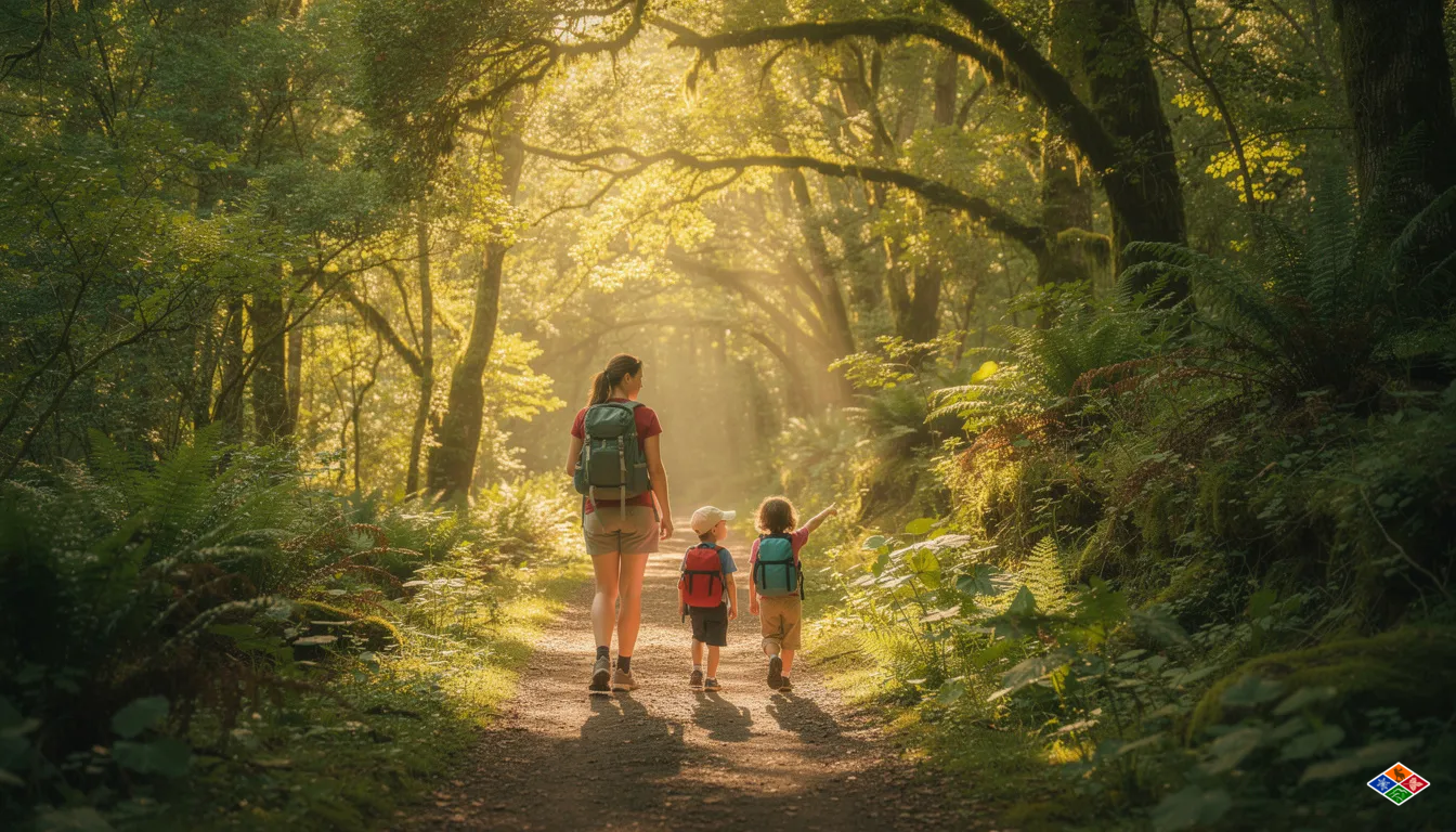 A family is hiking along a lush green forest trail in the Great Smoky Mountains, with sunlight filtering through the dense trees, creating a serene atmosphere perfect for a smoky mountain vacation. This scene captures the essence of adventure and nature, ideal for creating lasting memories with loved ones.