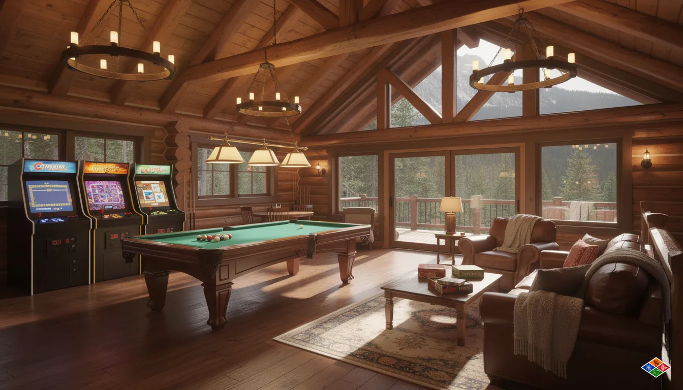 The image depicts a spacious cabin game room featuring a pool table, arcade machines, and comfortable seating, perfect for guests staying in Gatlinburg cabins. This inviting space offers a fun atmosphere for families and friends to enjoy during their Smoky Mountain vacation.