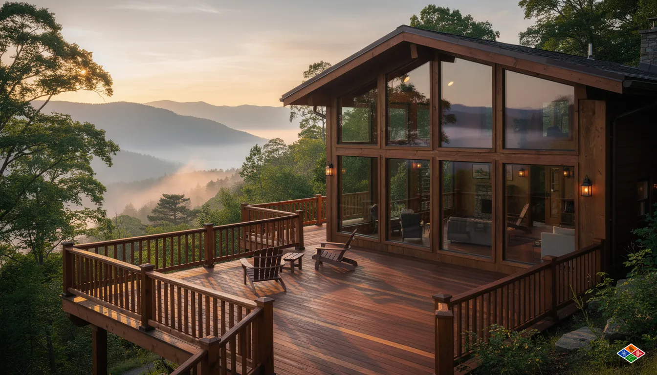 The image depicts a luxurious mountain cabin with a spacious wooden deck that offers stunning views of the misty Smoky Mountain peaks at sunrise. This perfect cabin rental is nestled in nature, providing an ideal escape for guests looking to enjoy the natural beauty of the Great Smoky Mountains.