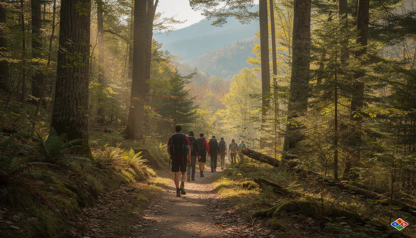 A group of hikers strolls along a serene forest trail in Great Smoky Mountains National Park, with sunlight streaming through the tall trees, creating a beautiful play of light and shadow. This natural beauty is a perfect backdrop for those looking to escape to the stunning mountain views and enjoy a smoky mountain vacation.