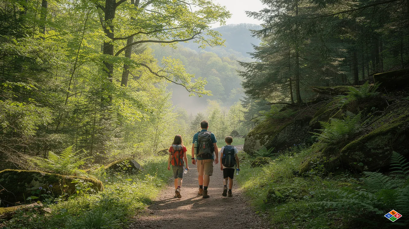 A family enjoys a hike along a lush green trail in the Great Smoky Mountains National Park, surrounded by towering trees and vibrant foliage, perfect for an affordable vacation. This scenic adventure offers a fantastic way to connect with nature while exploring the beautiful Smokies.