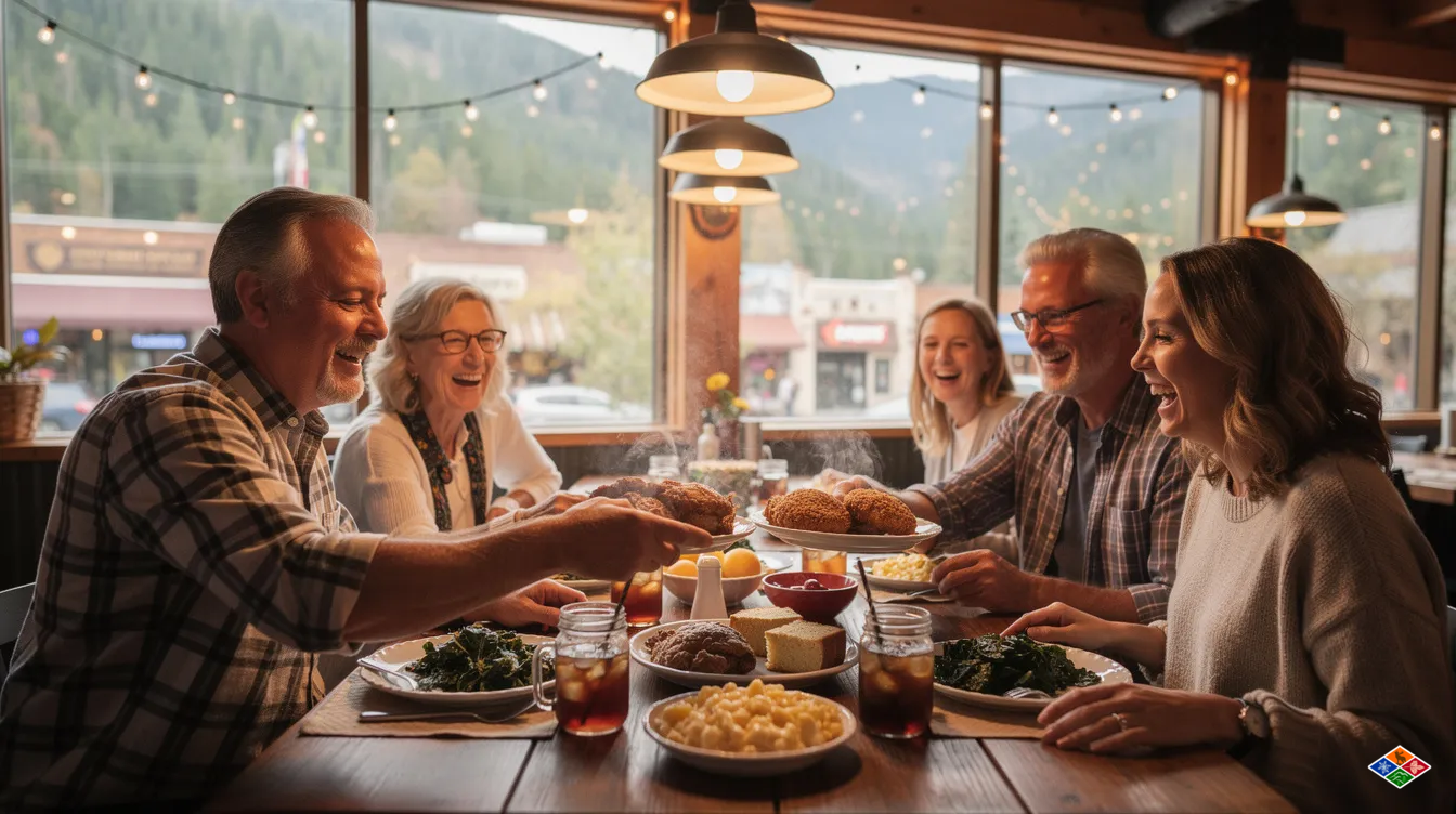 A family is gathered around a rustic wooden table in a cozy mountain town restaurant, sharing a delicious meal of southern comfort food, including fried chicken and biscuits. The warm atmosphere reflects the charm of Pigeon Forge, inviting visitors to enjoy homemade sweets and local flavors amidst the beautiful backdrop of the Great Smoky Mountains.
