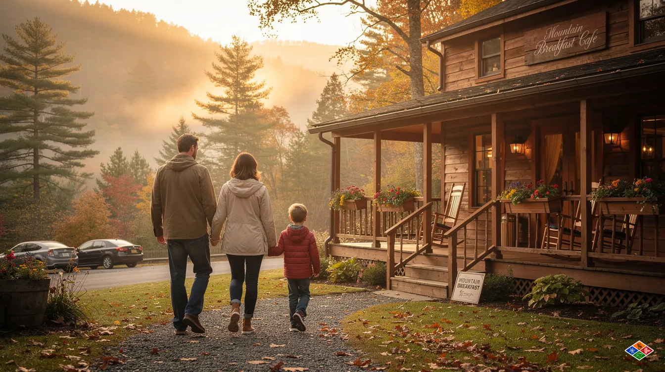 A family is walking toward a cozy breakfast café nestled in the Smoky Mountains, eager to enjoy a delicious breakfast menu featuring pancakes, smoked bacon, and French toast. This charming spot in Pigeon Forge is known as one of the best breakfast places, perfect for large groups and families looking to start their day with warm, hearty meals.