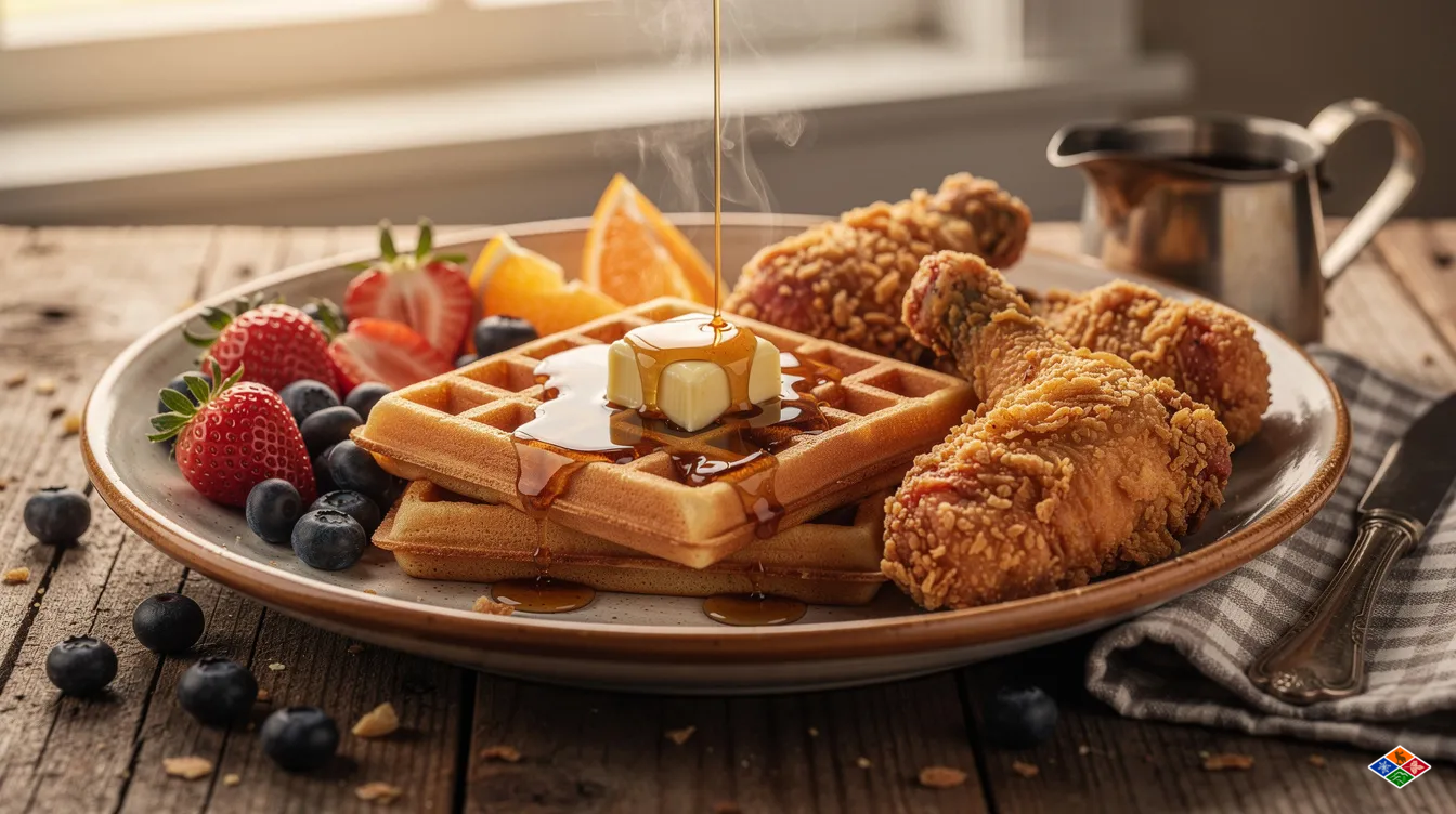 The image features a farmhouse-style breakfast plate, beautifully arranged with golden waffles topped with whipped cream, crispy fried chicken, fresh fruit, and a drizzle of syrup, embodying the delicious offerings you might find at the best breakfast spots in Pigeon Forge. This hearty meal showcases the warm, inviting essence of a classic breakfast menu, perfect for starting your day in the Smoky Mountains.