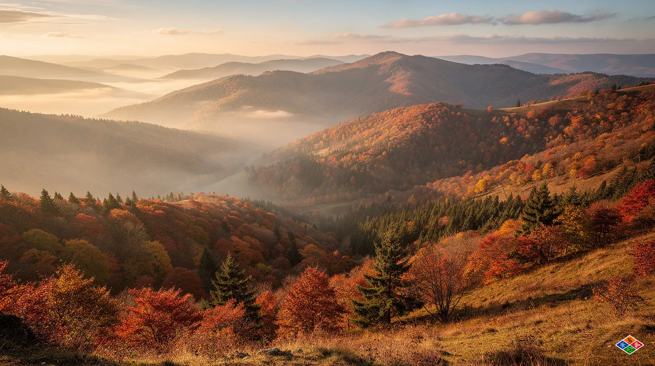 The image showcases a stunning autumn mountain vista, with vibrant red and orange fall foliage blanketing the rolling hills, creating a picturesque backdrop perfect for a smoky mountain wedding. This natural beauty highlights the romantic atmosphere of a destination wedding in the Smoky Mountains, ideal for creating lasting memories during your special day.