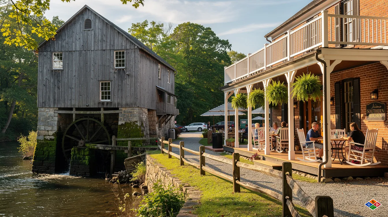 The image depicts a historic riverside grist mill, surrounded by lush greenery, with a southern restaurant nearby, inviting visitors to enjoy a meal. This picturesque setting in Pigeon Forge offers a perfect blend of tradition and culinary delights, making it a great spot for families and friends to dine and explore the Smoky Mountains.