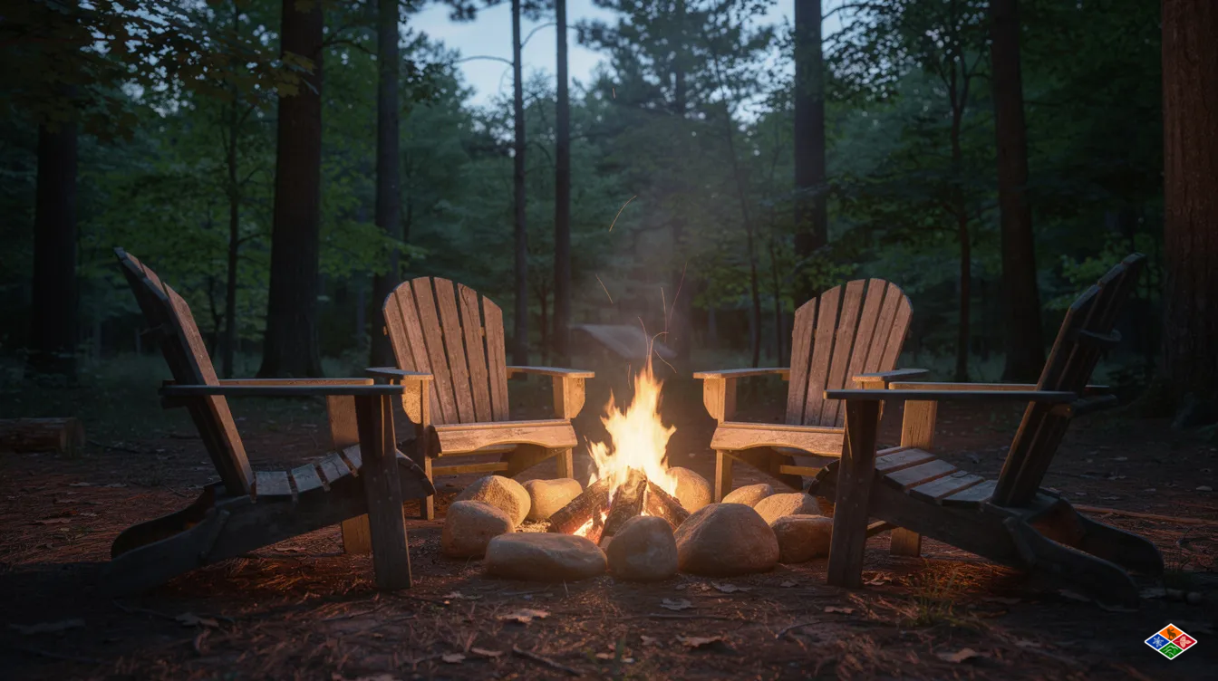 A warm campfire glows beside rustic Adirondack chairs in a serene forest clearing, surrounded by lush greenery and the natural beauty of the Smoky Mountains. This peaceful retreat offers a cozy camping experience, perfect for enjoying the clear night sky and the sounds of nature.