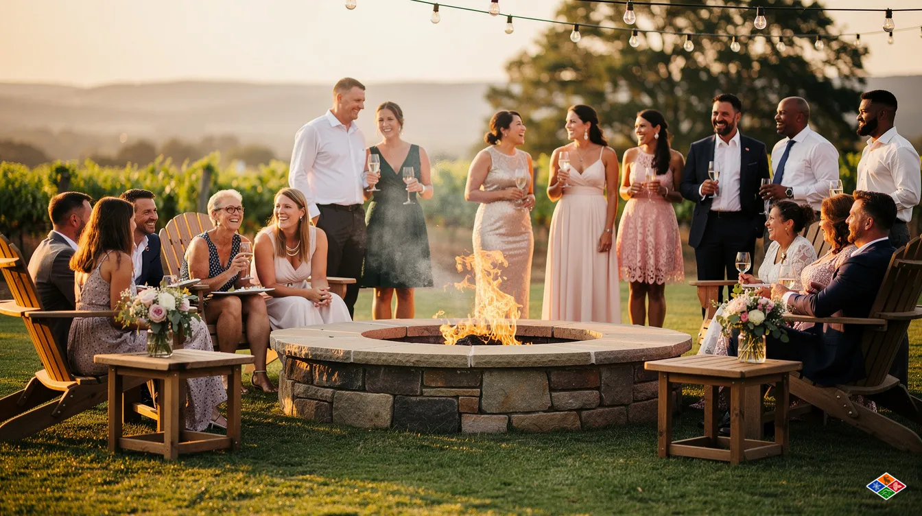 A group of wedding guests is gathered around a cozy outdoor firepit, enjoying the warm glow of the flames against the backdrop of the misty Smoky Mountains. This charming setting at a Gatlinburg wedding venue offers a perfect atmosphere for family and friends to celebrate the special day amidst the estate's wooded landscape.