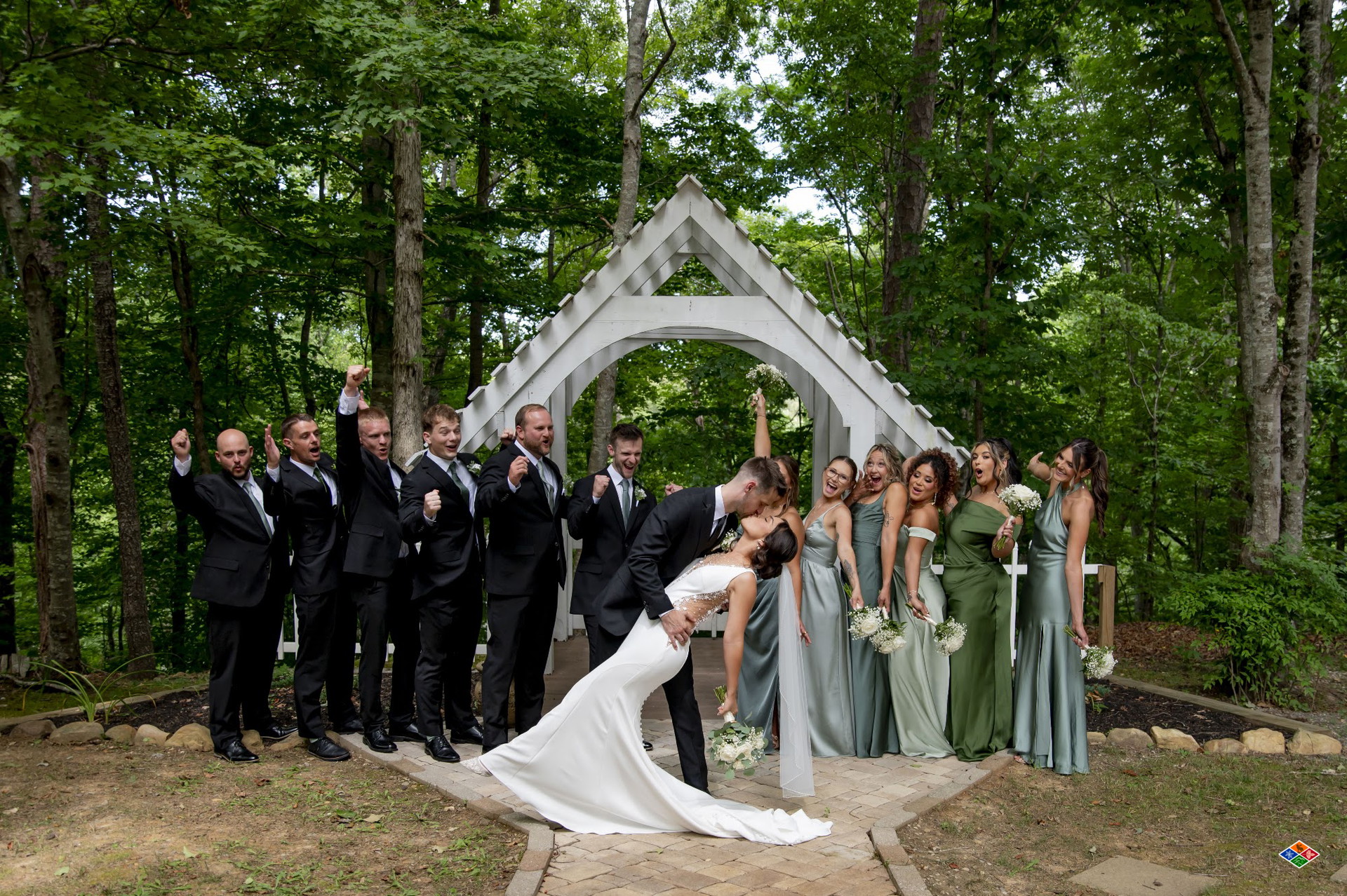 Full wedding party gathered under the white arbor at Bluff Mountain Inn