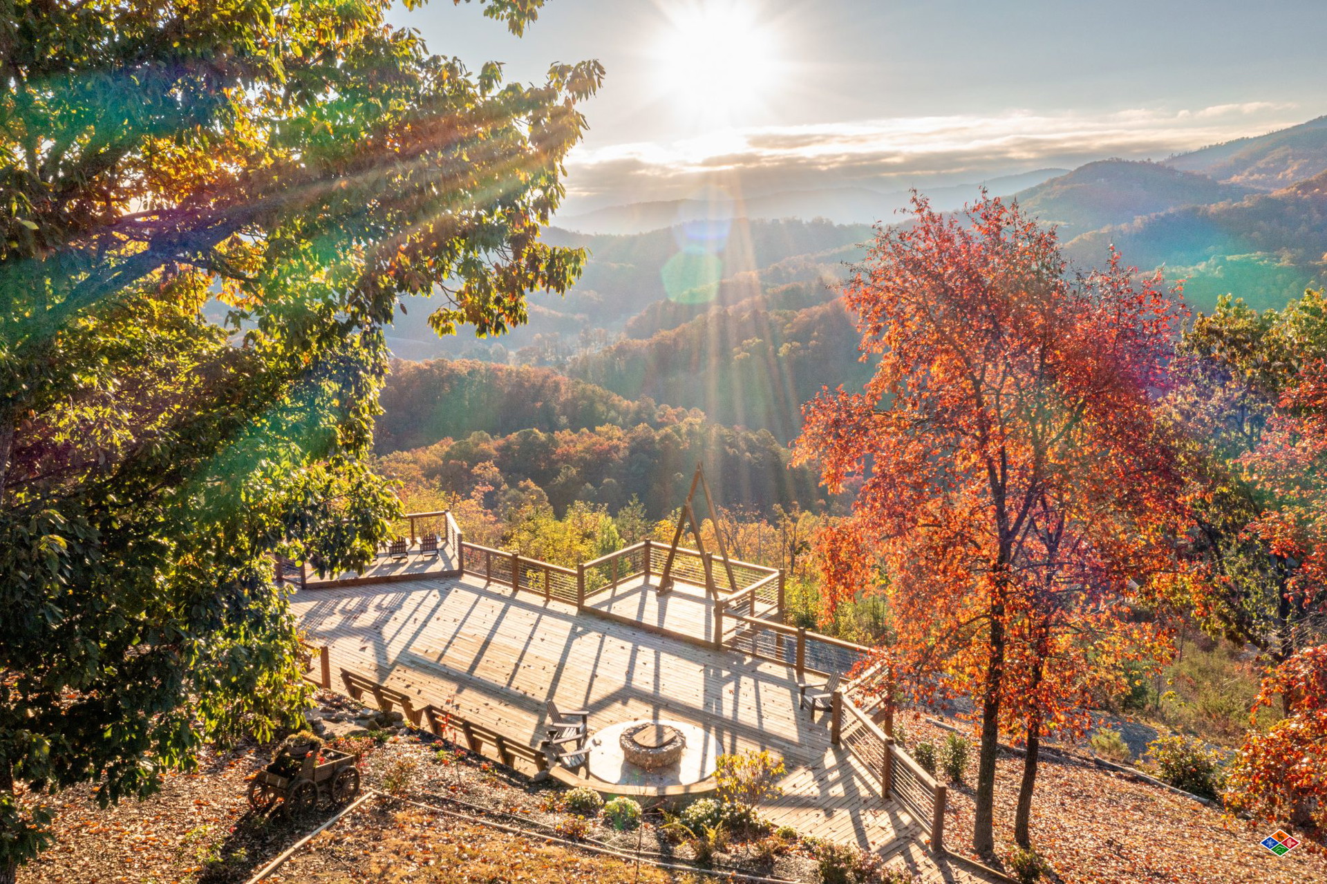 Cielito Lindo outdoor wedding ceremony deck and wooden arbor overlooking the Smoky Mountains in autumn