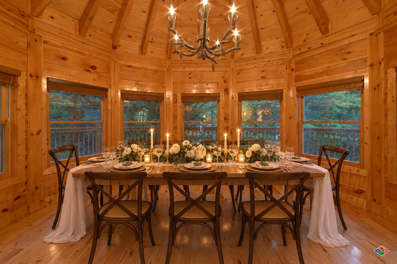 Silvercreek octagonal dining room set for a wedding dinner with candles and white florals
